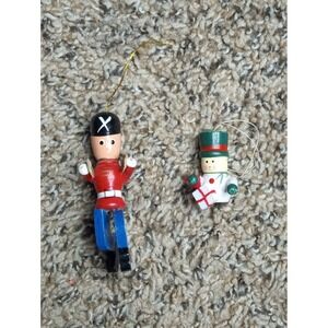 Vintage Wooden Christmas Ornaments Toy Soldier Drummer & Snowman Handpainted
